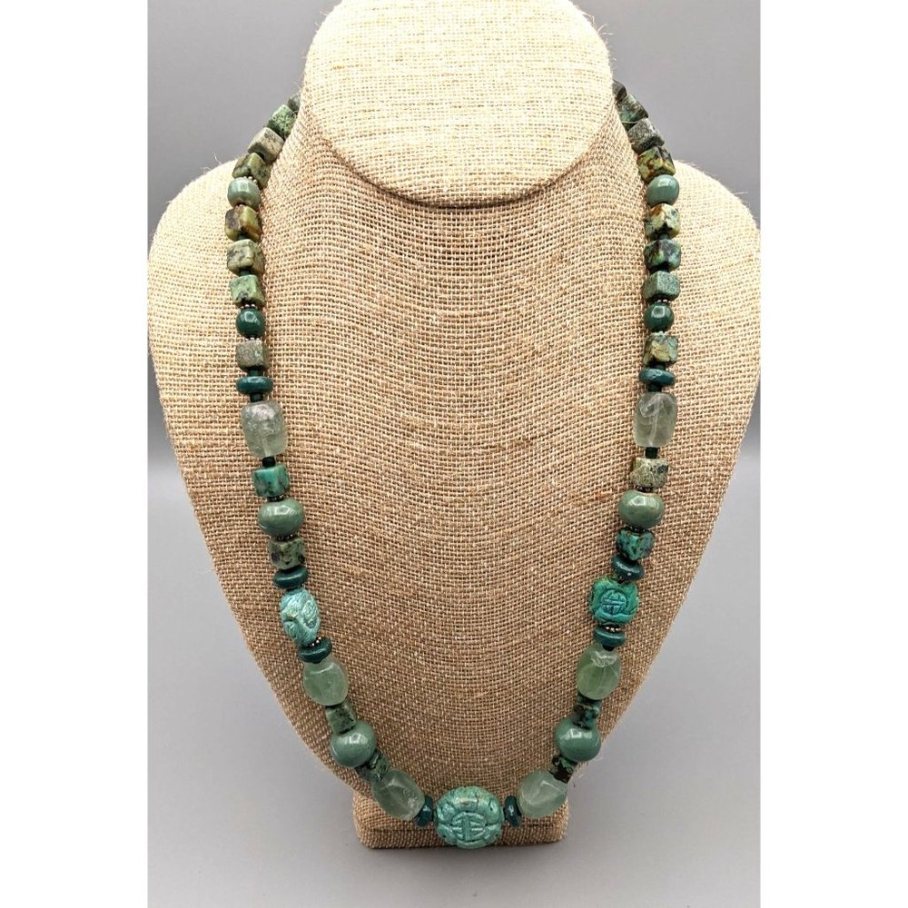Handmade Beaded Necklace Green Semi Precious Gemstones 26"
